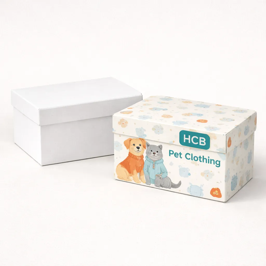 Two-piece rigid gift boxes with lids, featuring a minimalist white design and a branded teal version. class=